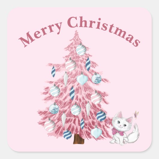 Cute Pink Merry Kerstboom & Kitten Vierkante Sticker (Voorkant)