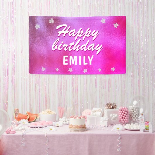 Cute Pink Metallic Star Girly Happy Birthday Spandoek (Feest)