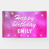 Cute Pink Metallic Star Girly Happy Birthday Spandoek (Horizontaal)