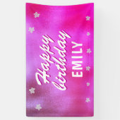 Cute Pink Metallic Star Girly Happy Birthday Spandoek (Verticaal)