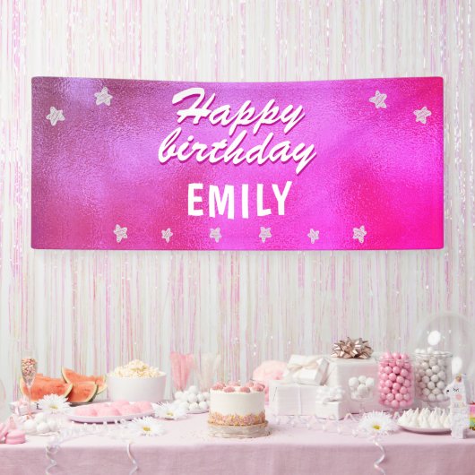 Cute Pink Metallic Star Girly Happy Birthday Spandoek (Feest)