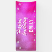 Cute Pink Metallic Star Girly Happy Birthday Spandoek (Verticaal)