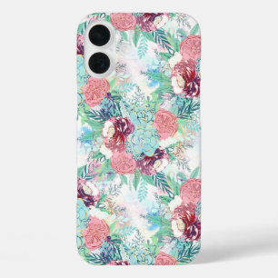 Cute Pink Mint Peony & Succulent Floral Hand Paint iPhone 16 Plus Hoesje
