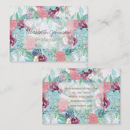 Cute Pink Mint Peony & Succulent Floral Hand Paint Visitekaartje (Voorkant / Achterkant)