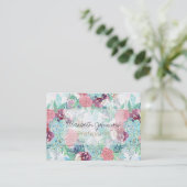 Cute Pink Mint Peony & Succulent Floral Hand Paint Visitekaartje (Staand voorkant)