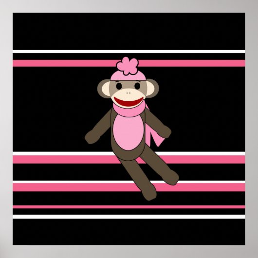 Cute Pink Monkey Girl Flower Pet Stripes Poster (Voorkant)