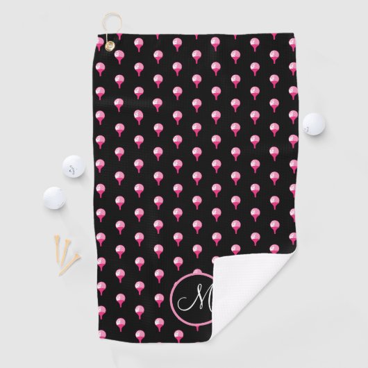 Cute Pink Monogram Golf Ball op T-shirt Black Golfhanddoek (Insitu)