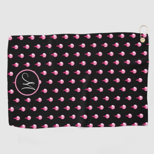 Cute Pink Monogram Golf Ball op T-shirt Black Golfhanddoek (Horizontaal)