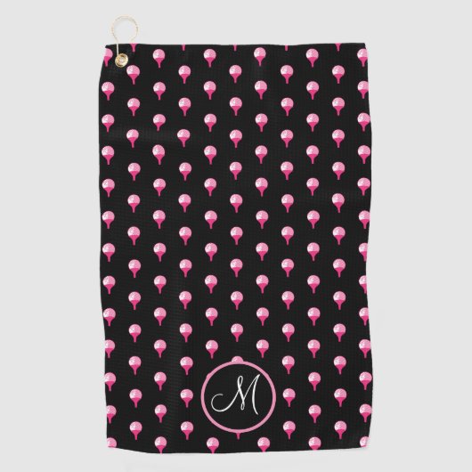 Cute Pink Monogram Golf Ball op T-shirt Black Golfhanddoek (Voorkant)
