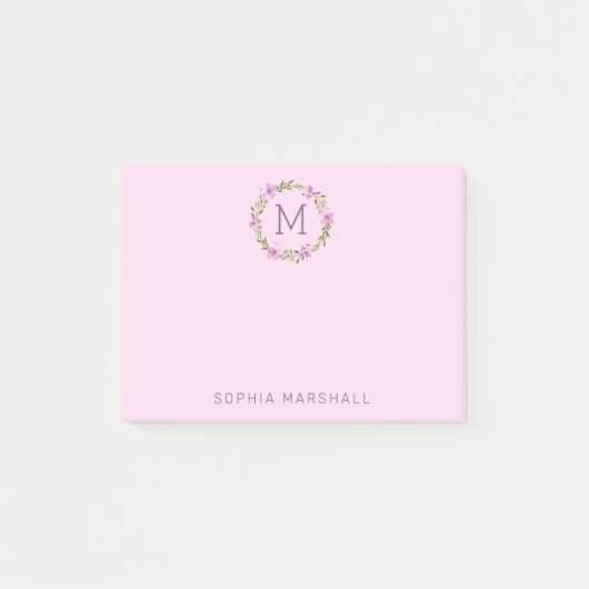 Cute Pink Monogrammed Floral Wreath Post-it® Notes (Voorkant)
