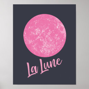 Cute Pink Moon Illustration French La Lune Blue Poster