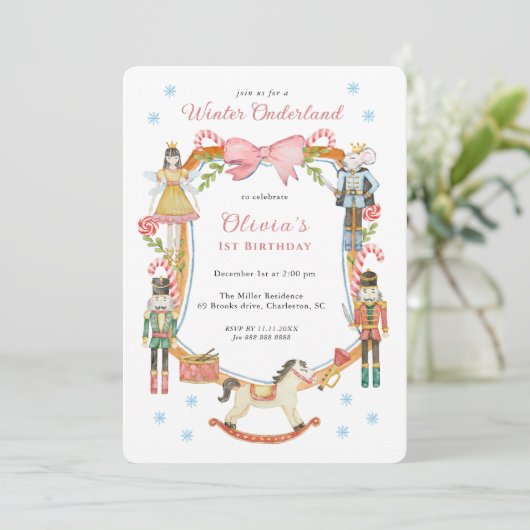 Cute Pink Nutcracker Christmas Girl 1st Birthday  Kaart (Staand voorkant)