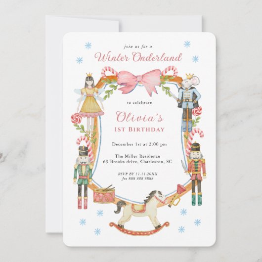 Cute Pink Nutcracker Christmas Girl 1st Birthday  Kaart (Voorkant)