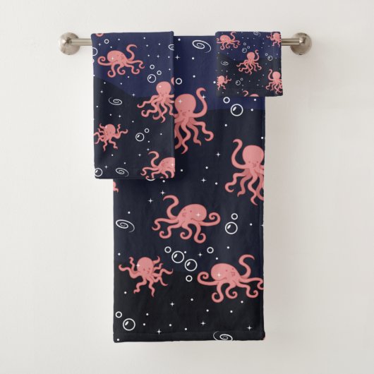 Cute Pink Octopus in de Galaxy Ocean  Bad Handdoek (Insitu)