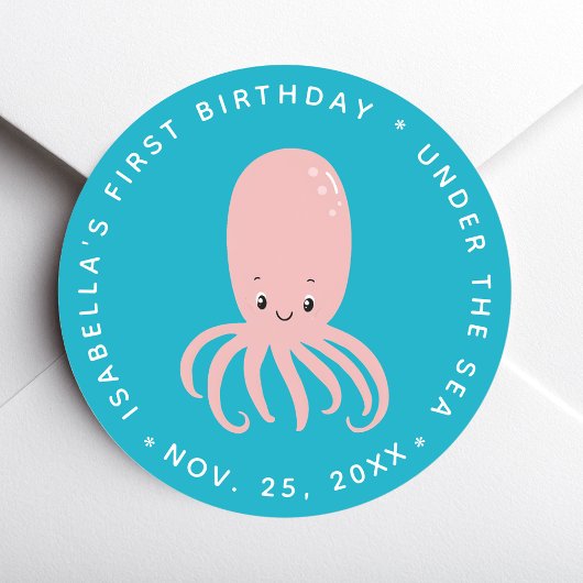 Cute Pink Octopus Under the Sea 1st Birthday Blue Ronde Sticker