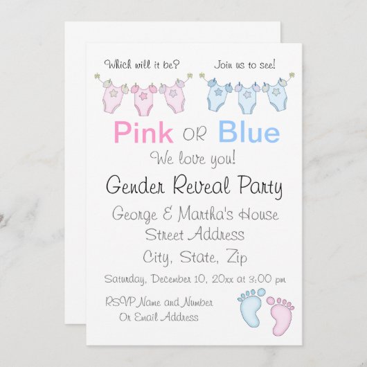 Cute Pink of Blue Gender Reopenbaart Uitnodiging (Voorkant / Achterkant)