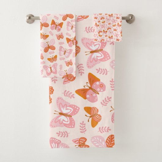 Cute Pink Oranje Boho Butterfly Pattern Bad Handdoek (Insitu)