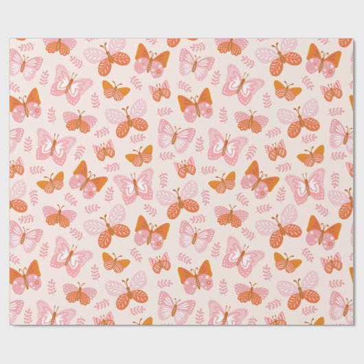 Cute Pink Oranje Boho Butterfly Pattern Cadeaupapier (Vlak)