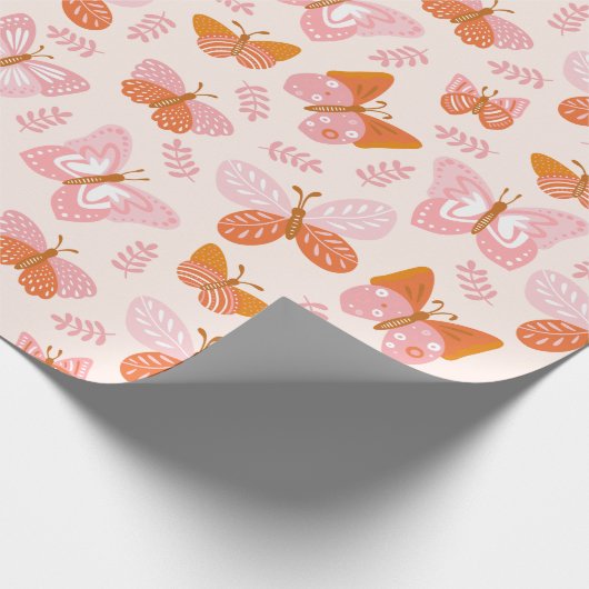 Cute Pink Oranje Boho Butterfly Pattern Cadeaupapier (Hoek)