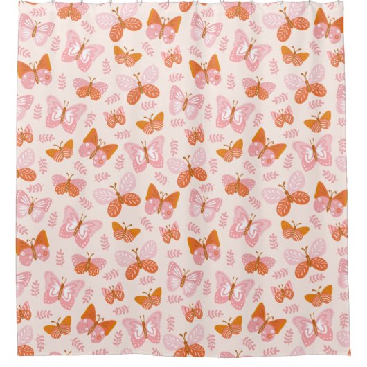 Cute Pink Oranje Boho Butterfly Pattern Douchegordijn (Voorkant)