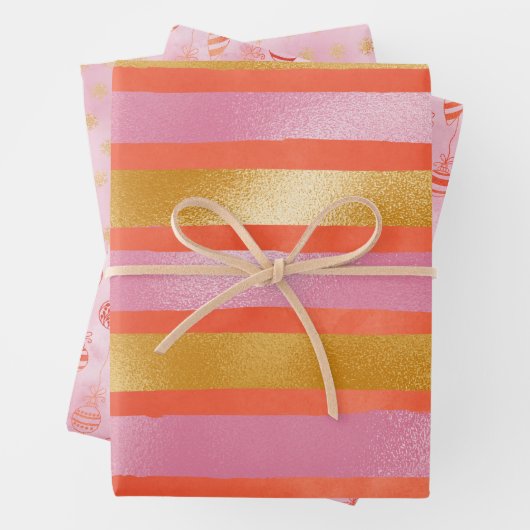 Cute Pink Oranje Gold Kerstfeestdag Inpakpapier Vel (In situ)