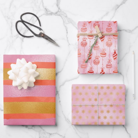 Cute Pink Oranje Gold Kerstfeestdag Inpakpapier Vel (Voorkant)
