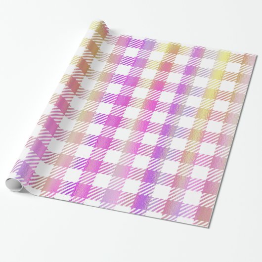 Cute Pink Oranje Iridescent Gingham Pattern Cadeaupapier (Uitgerold)