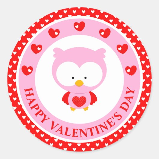 Cute Pink Owl and Hearts Valentijnsdag Ronde Sticker (Voorkant)