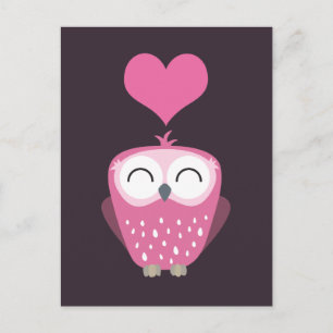 Cute Pink Owl and Love Heart Briefkaarten