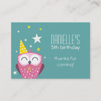 Cute Pink Owl Birthday Dank u voor feestvieren Visitekaartje