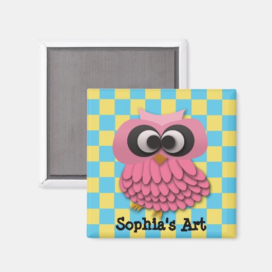 Cute Pink Owl Child's Artwork Magnet (Voorkant / Achterkant)
