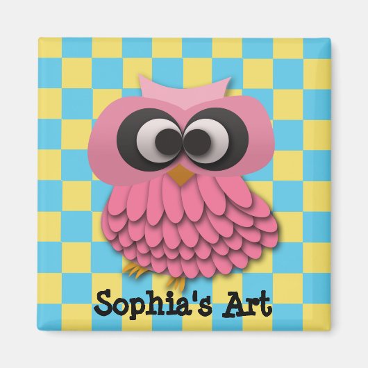 Cute Pink Owl Child's Artwork Magnet (Voorkant)