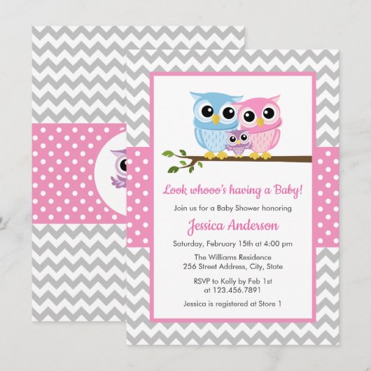 Cute Pink Owl Family Gray Chevron Girl Baby shower Kaart (Voorkant / Achterkant)