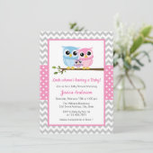 Cute Pink Owl Family Gray Chevron Girl Baby shower Kaart (Staand voorkant)