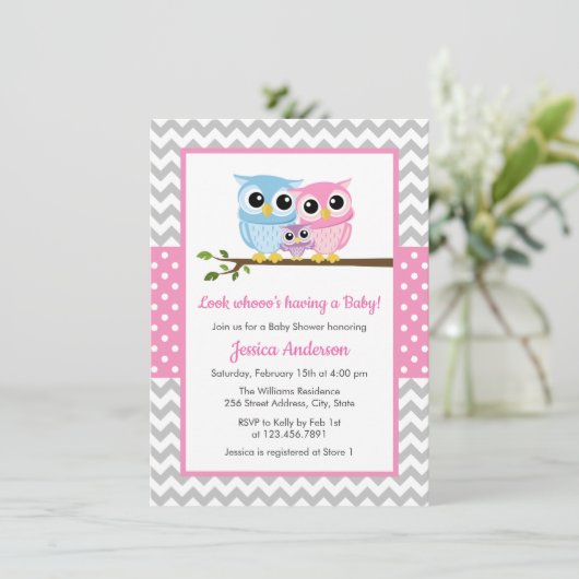 Cute Pink Owl Family Gray Chevron Girl Baby shower Kaart (Staand voorkant)