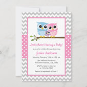 Cute Pink Owl Family Gray Chevron Girl Baby shower Kaart (Voorkant)