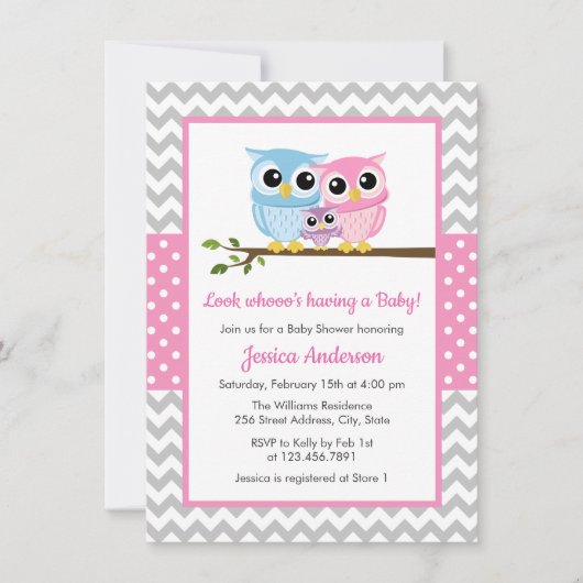Cute Pink Owl Family Gray Chevron Girl Baby shower Kaart (Voorkant)