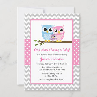 Cute Pink Owl Family Gray Chevron Girl Baby shower Kaart