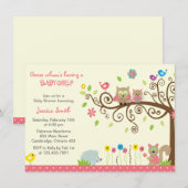 Cute Pink Owl Girl Baby Shower Invitations Kaart (Voorkant / Achterkant)