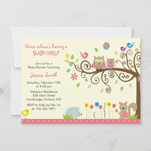 Cute Pink Owl Girl Baby Shower Invitations Kaart (Voorkant)