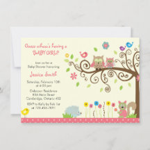 Cute Pink Owl Girl Baby Shower Invitations