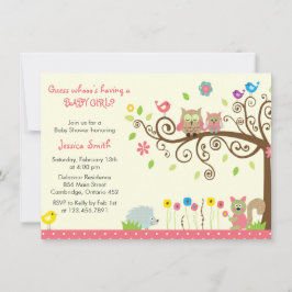 Cute Pink Owl Girl Baby Shower Invitations Kaart