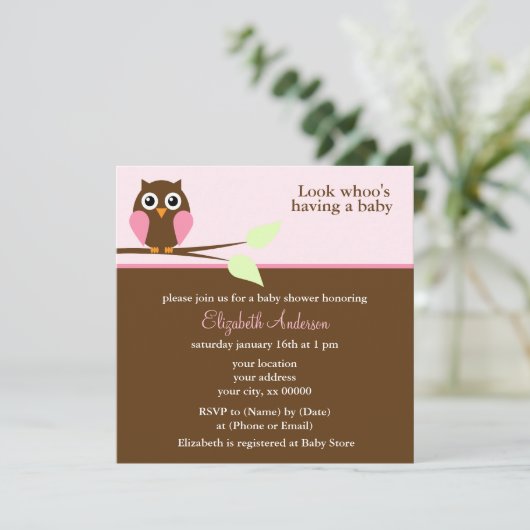 Cute Pink Owl Girl Baby shower Kaart (Staand voorkant)