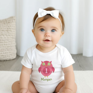 Cute Pink Owl Girl Name First Birthday Romper