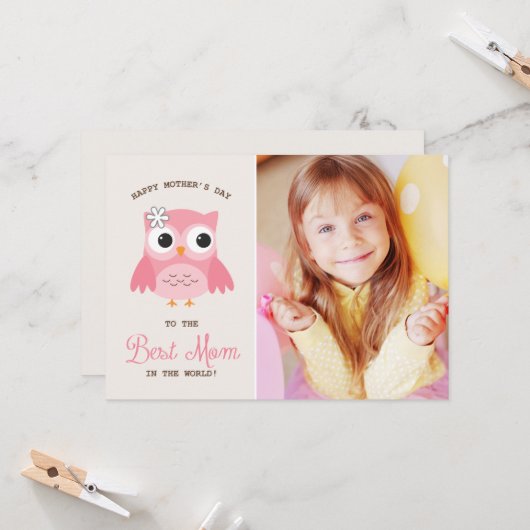 Cute Pink Owl | Happy Moederdag Kaart (Voorkant / Achterkant in situ)
