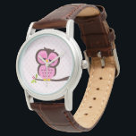Cute Pink Owl Horloge<br><div class="desc">Stijlvolle aangepaste horloge beschikt over een zoete vector illustratie van een uil op een boomtak op een polka dots patroon achtergrond. Babystar Design op mygrafico.com</div>