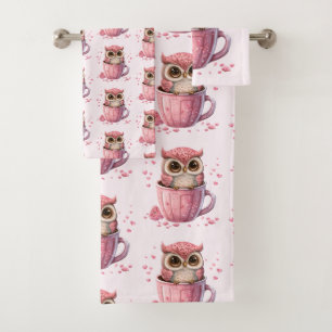 Cute Pink Owl in een beker gevlekt Bad Handdoek