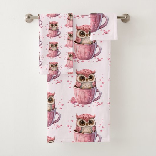 Cute Pink Owl in een beker gevlekt Bad Handdoek (Insitu)