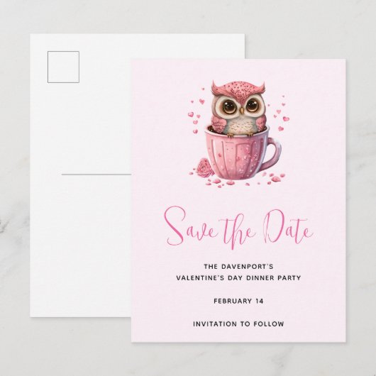 Cute Pink Owl in een beker Save the Date Uitnodiging Briefkaart (Voorkant / Achterkant)