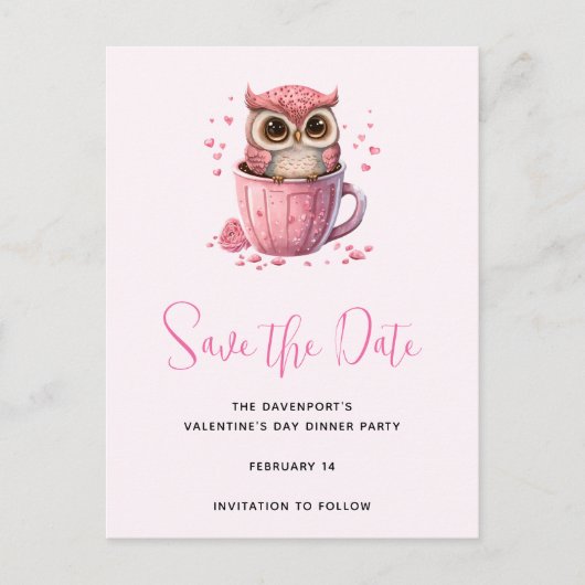 Cute Pink Owl in een beker Save the Date Uitnodiging Briefkaart (Voorkant)